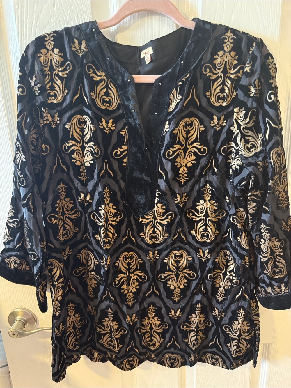 Reba Black and Gold Velvet Tunic with Ornate Damask
